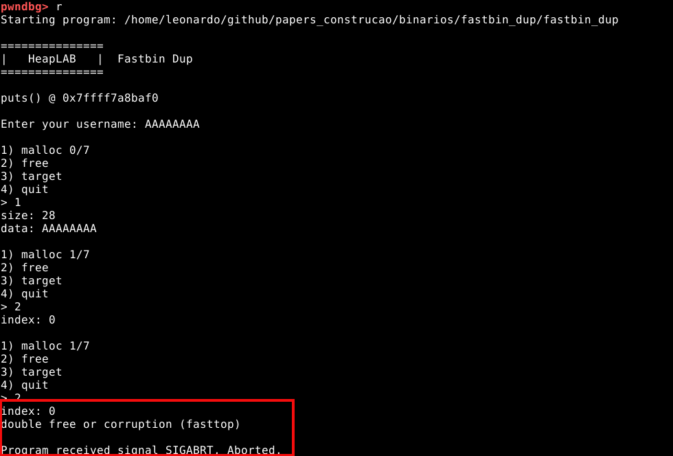 Erro ao tentar o double free