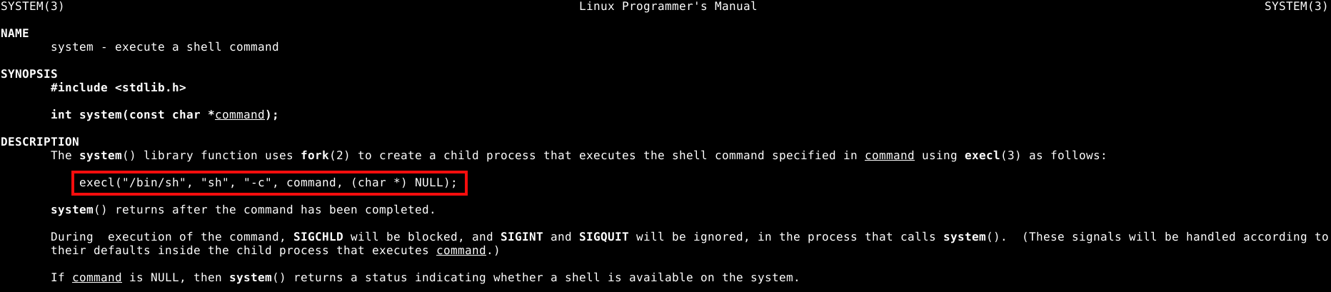 Man page system()