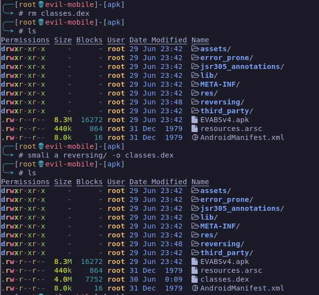 Processo de recompilação dos arquivos smali