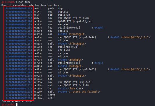 Offsets dos endereços da função func.