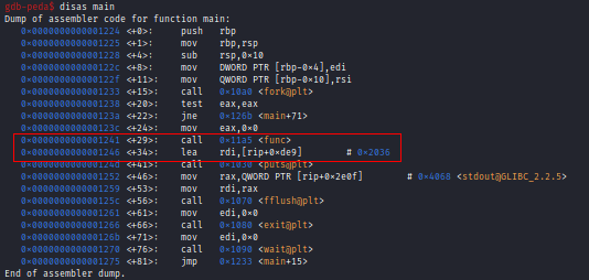 Endereço de retorno da função func = 0x0000000000001246