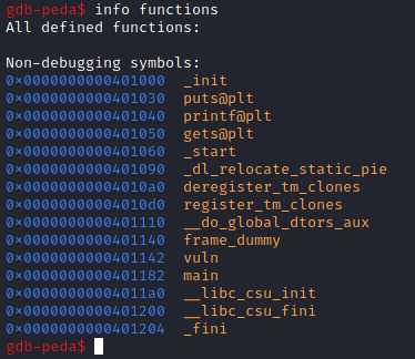 Funções do programa exibidas pelo GDB.