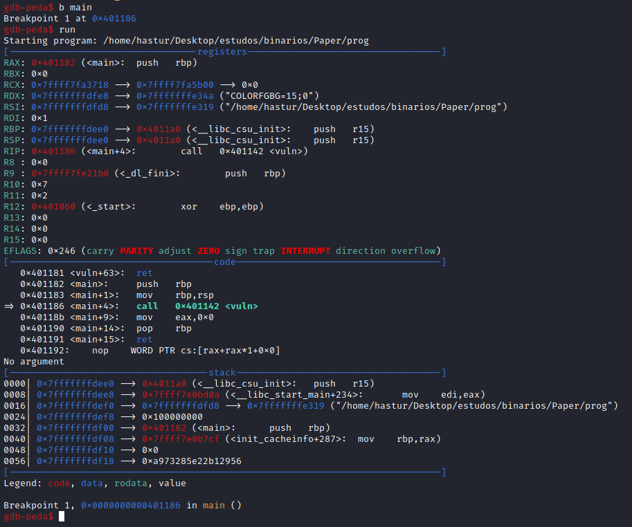 Overview dos registradores no início da execução do programa.