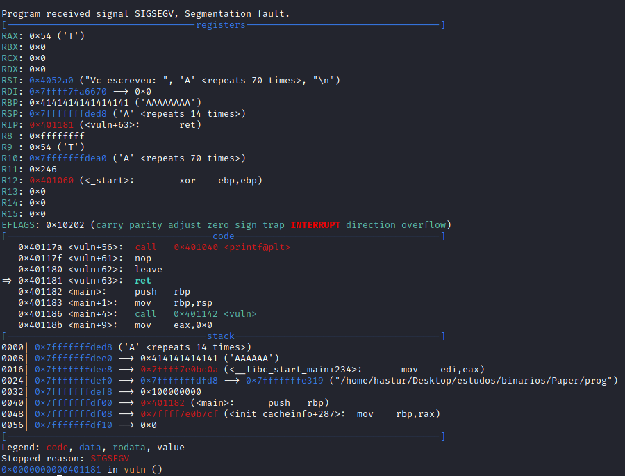 Execução do programa parada com o erro "SIGSEGV".