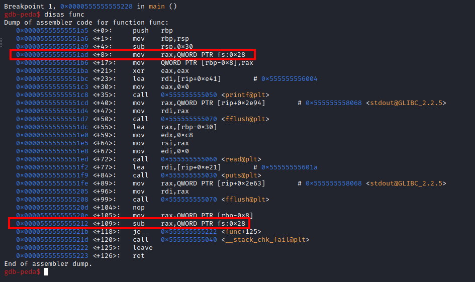 Momento em que o Canary é salvo na memória e depois comparado